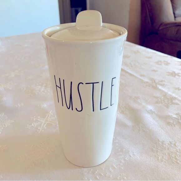 Rae Dunn Hustle Travel Coffee Cup Off White Ceramic Mug with Lid - Picture 1 of 5